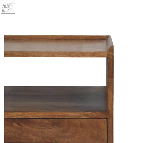 Rustic wooden valenza brass accent bedside bookshelf with warm brown finish two shelves and a drawer below