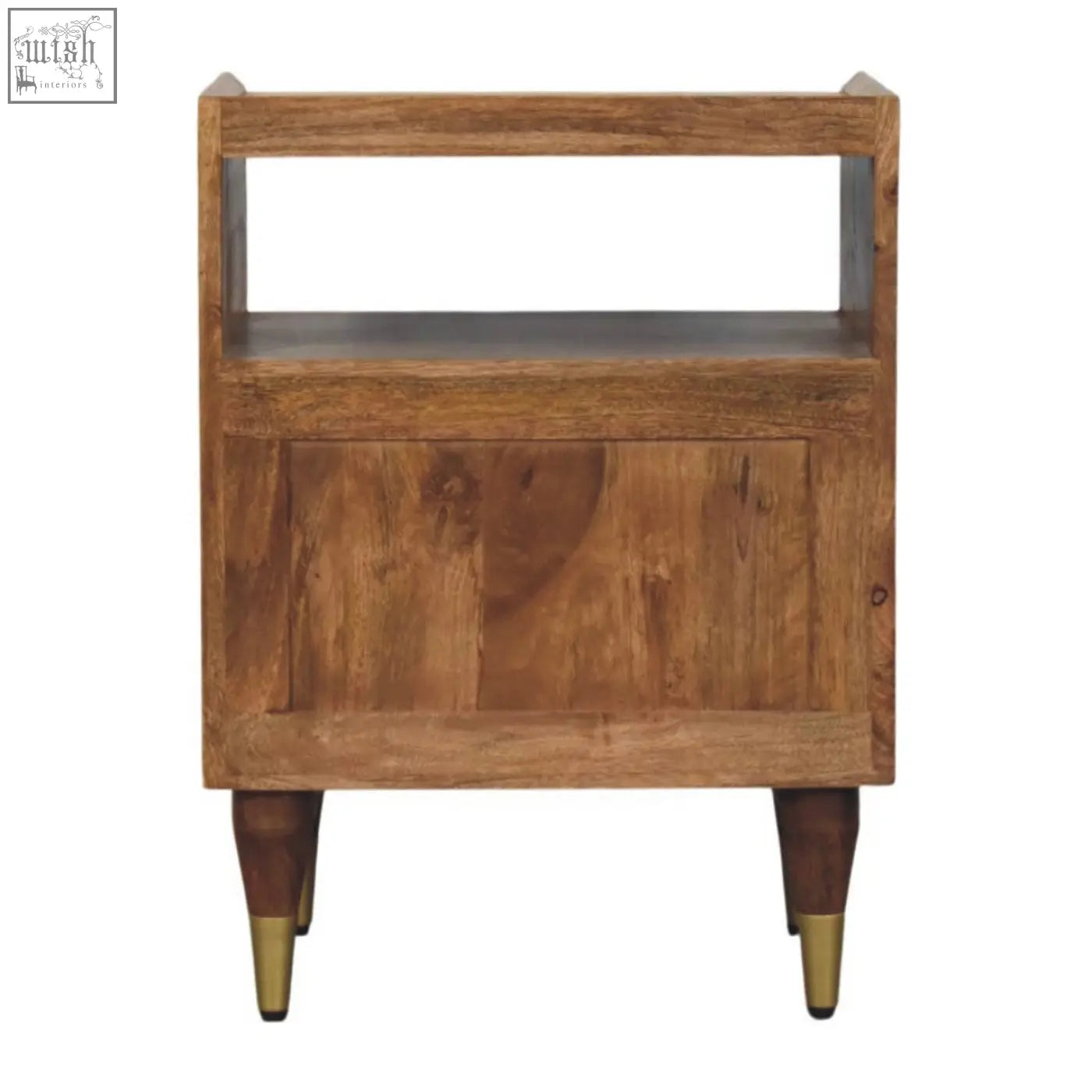 Valenza brass accent bedside rustic wooden nightstand with natural finish single drawer open shelf and brass capped legs