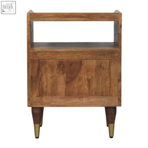 Valenza brass accent bedside rustic wooden nightstand with natural finish single drawer open shelf and brass capped legs