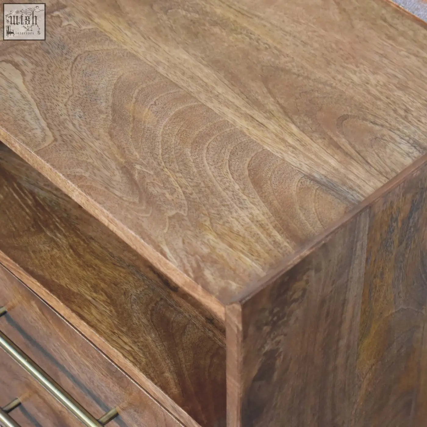 Valenza brass accent bedside rustic wooden nightstand with warm natural finish and visible grain patterns