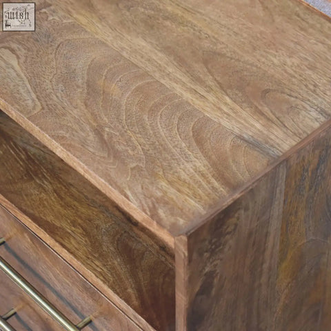 Valenza brass accent bedside rustic wooden nightstand with warm natural finish and visible grain patterns