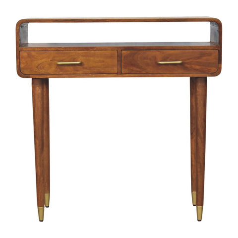 Valenza curved console table in mid-century modern wood with brass handles and gold-toned metal feet console table