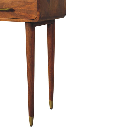 Valenza curved console table with mid-century modern wooden nightstand style tapered legs and brass accents
