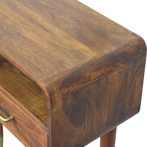 Rich warm-toned wooden valenza curved console table with natural grain finish and brass drawer handle