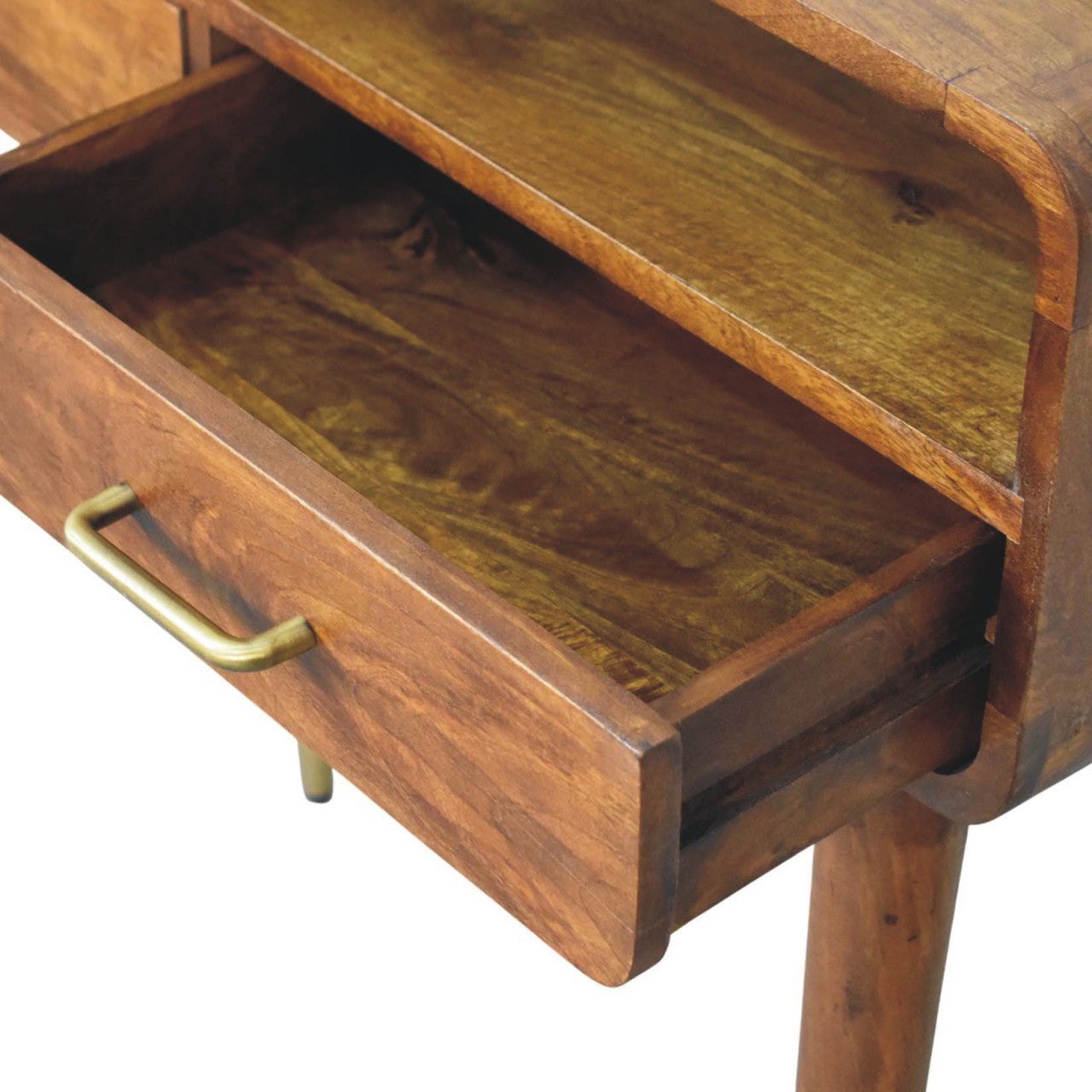 A rustic wooden valenza curved console table with a warm brown finish and a single drawer with brass handle pulled out