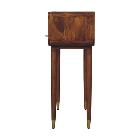 Valenza curved console table with a sleek dark brown wooden top, slender legs, and brass accent feet console table