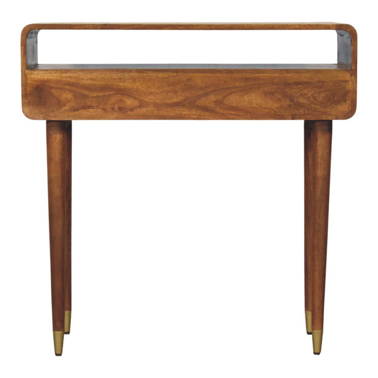 Valenza curved console table with rich brown wood top and brass capped legs in a sleek mid-century modern style