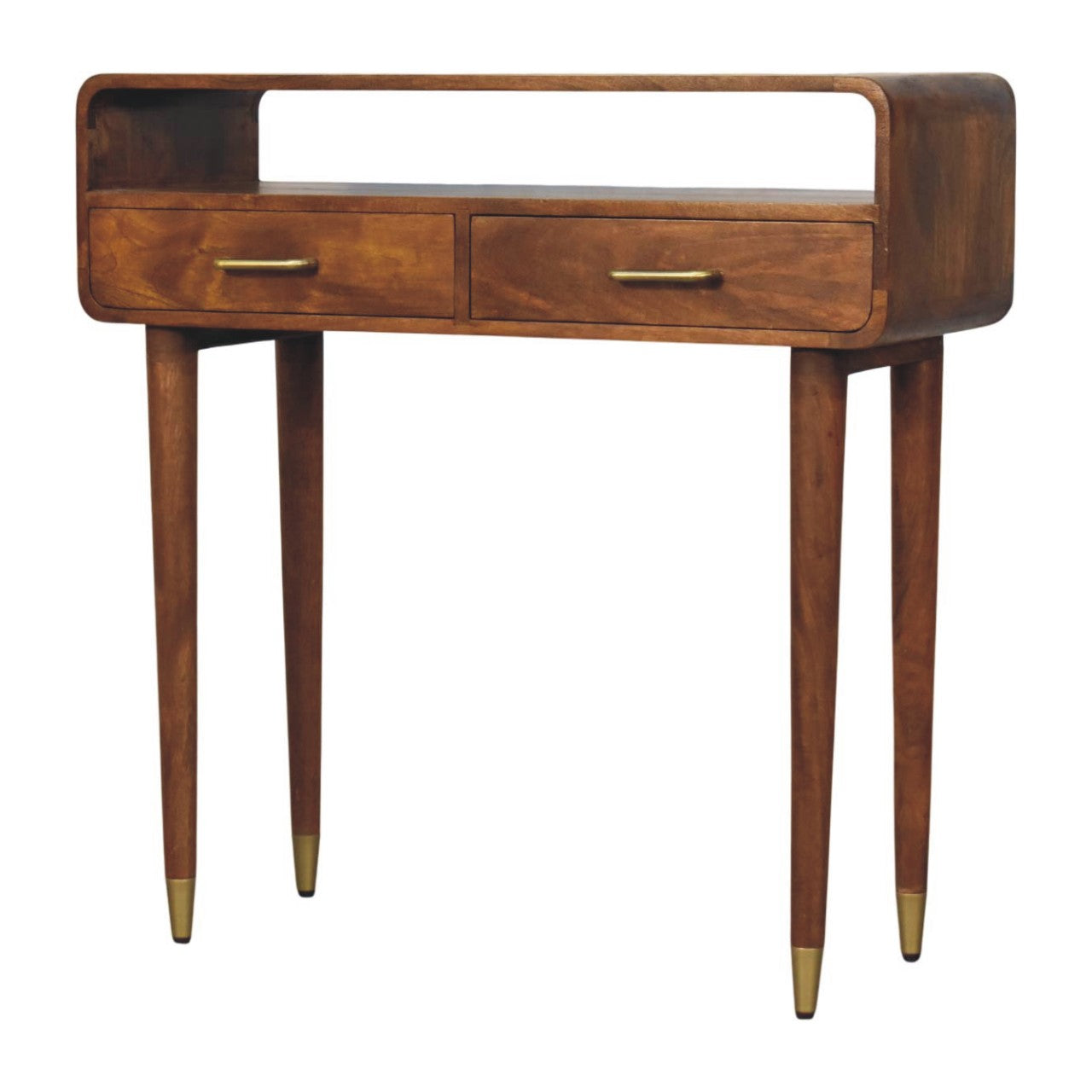 Valenza curved console table in rich brown wood with sleek brass drawer handles and leg tip accents