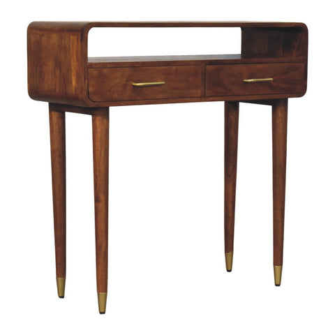 Valenza curved console table in dark wood with brass handles and two drawers perfect for stylish storage