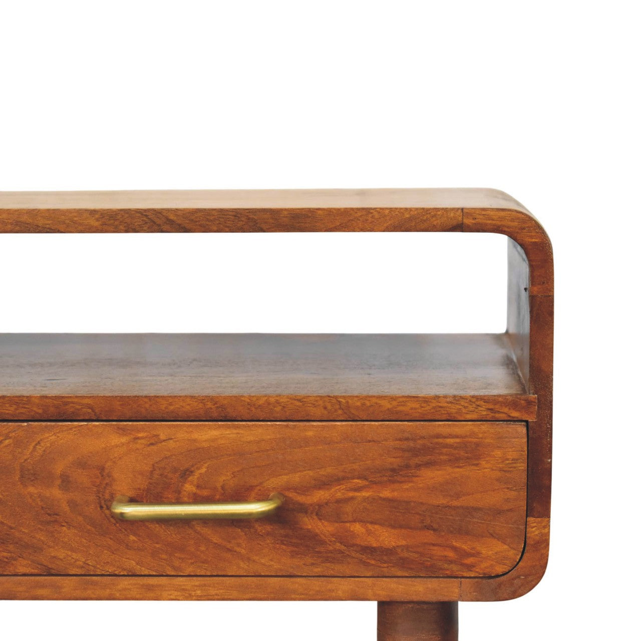 Warm-toned wooden valenza curved console table with a curved top and brass drawer handle for stylish storage