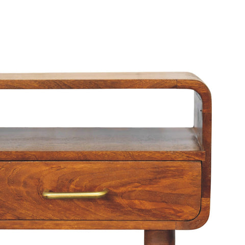 Warm-toned wooden valenza curved console table with a curved top and brass drawer handle for stylish storage