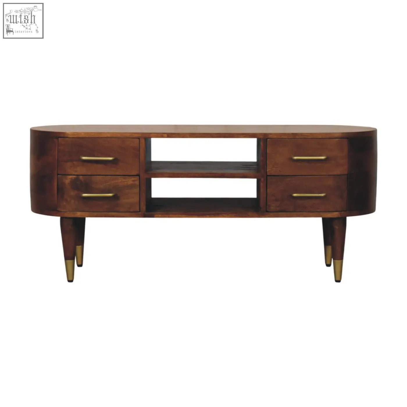Mid-century modern valenza curved media unit with rich dark wood finish and brass hardware in an oval coffee table design