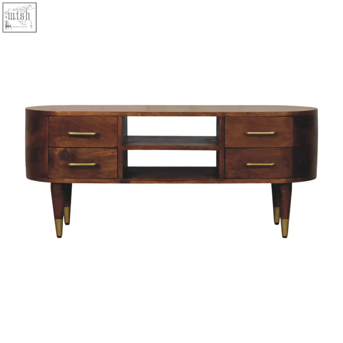 Mid-century modern valenza curved media unit with rich dark wood finish and brass hardware in an oval coffee table design