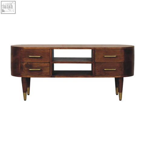 Mid-century modern valenza curved media unit with rich dark wood finish and brass hardware in an oval coffee table design