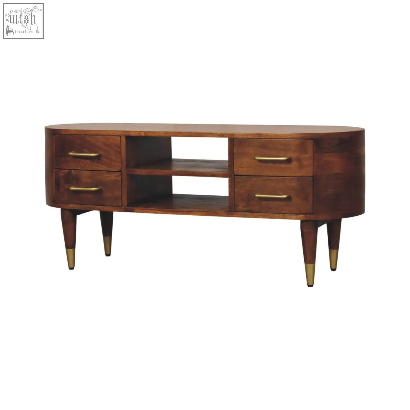 Valenza curved media unit mid-century modern oval wood console with four drawers and brass hardware in warm wood finish