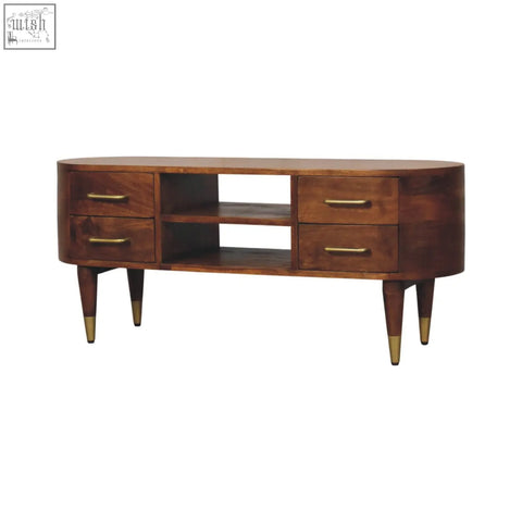 Valenza curved media unit mid-century modern oval wood console with four drawers and brass hardware in warm wood finish