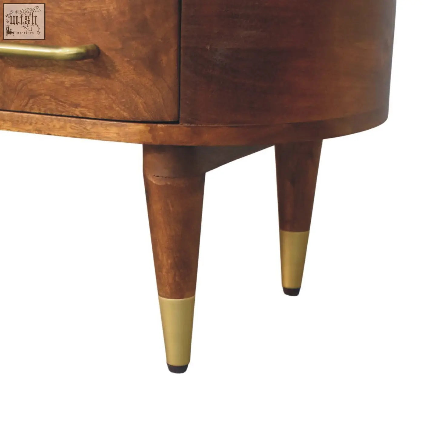Valenza curved media unit mid-century modern wooden nightstand with warm brown finish brass handle and gold tapered legs