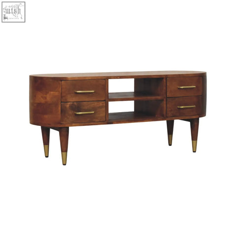 Valenza curved media unit mid-century modern wooden console with two drawers brass tapered legs and open shelf