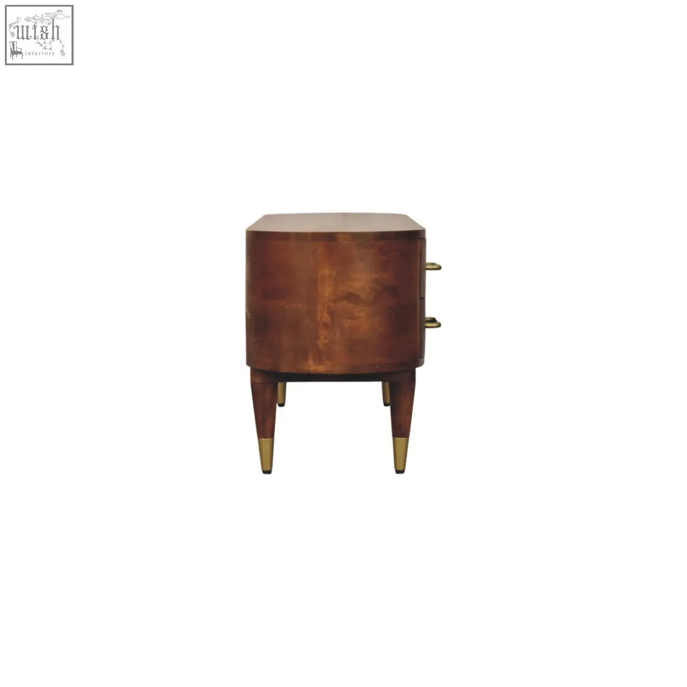 Valenza curved media unit nightstand in rich mahogany wood with tapered legs and brass accents
