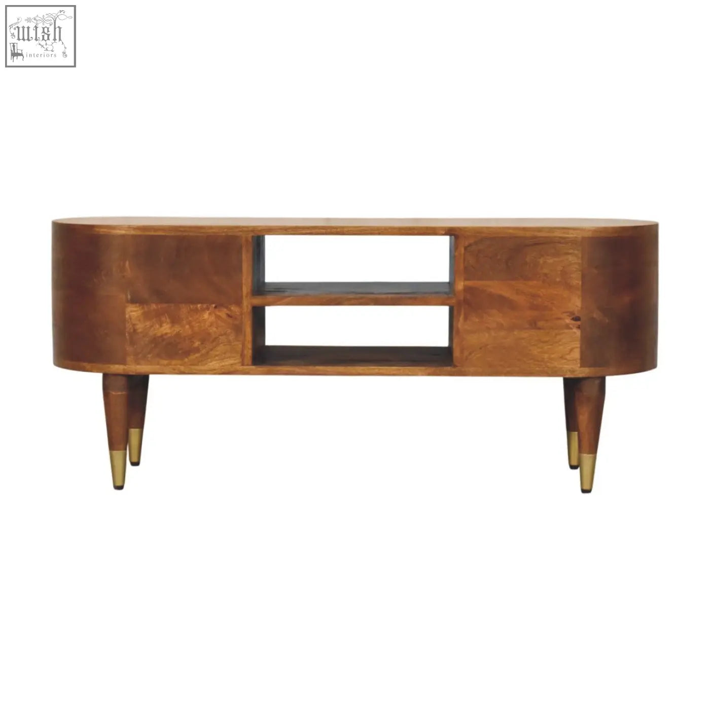 Valenza curved media unit is a sleek oval wooden console with warm brown finish and brass-tipped legs
