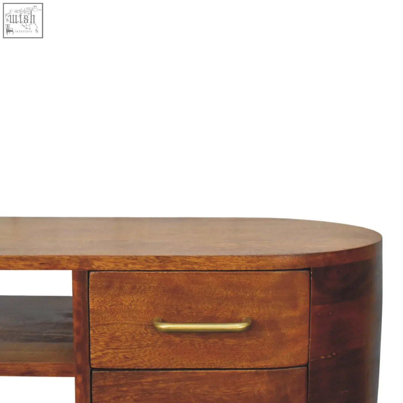 A warm-toned wooden valenza curved media unit with a curved top and brass drawer handle