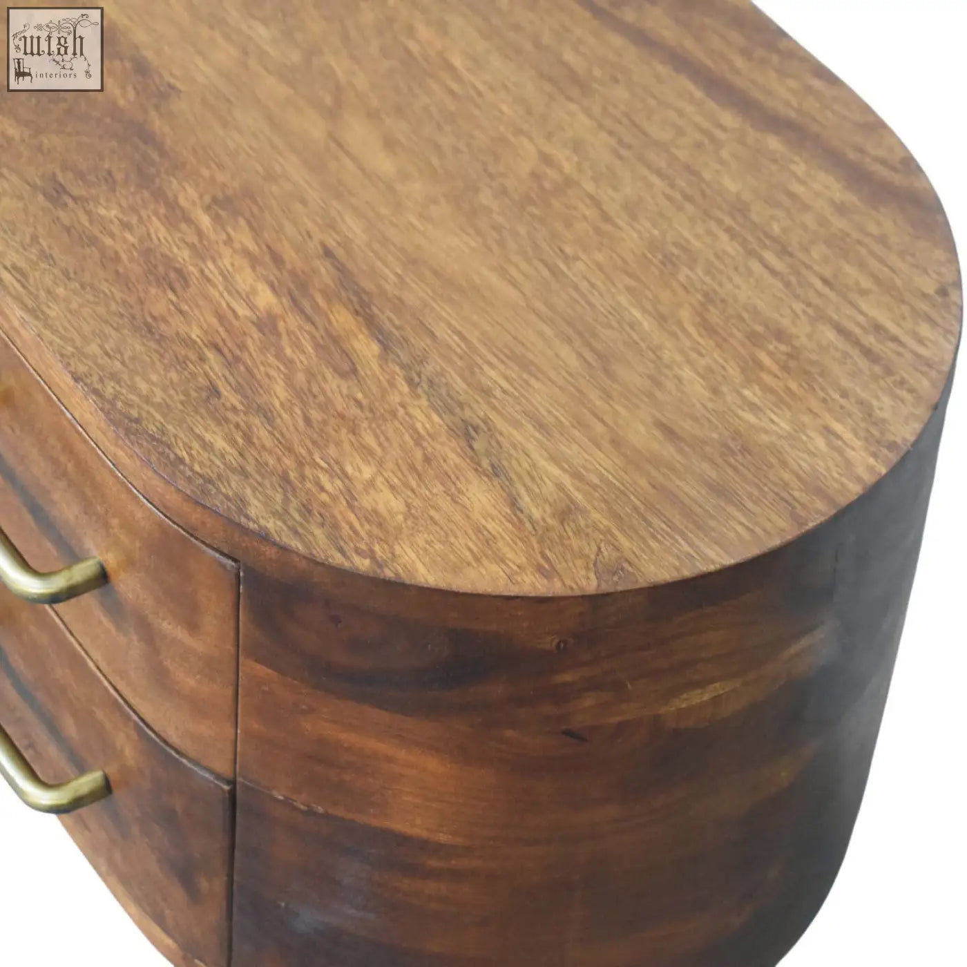 Valenza curved media unit warm-toned wooden side table with oval top and brass handles perfect for living rooms