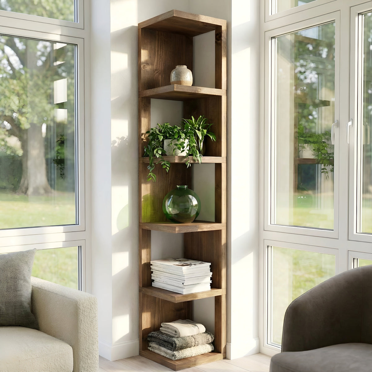 Rustic walnut corner bookshelf with open cube compartments in solid wood and a natural finish for stylish storage