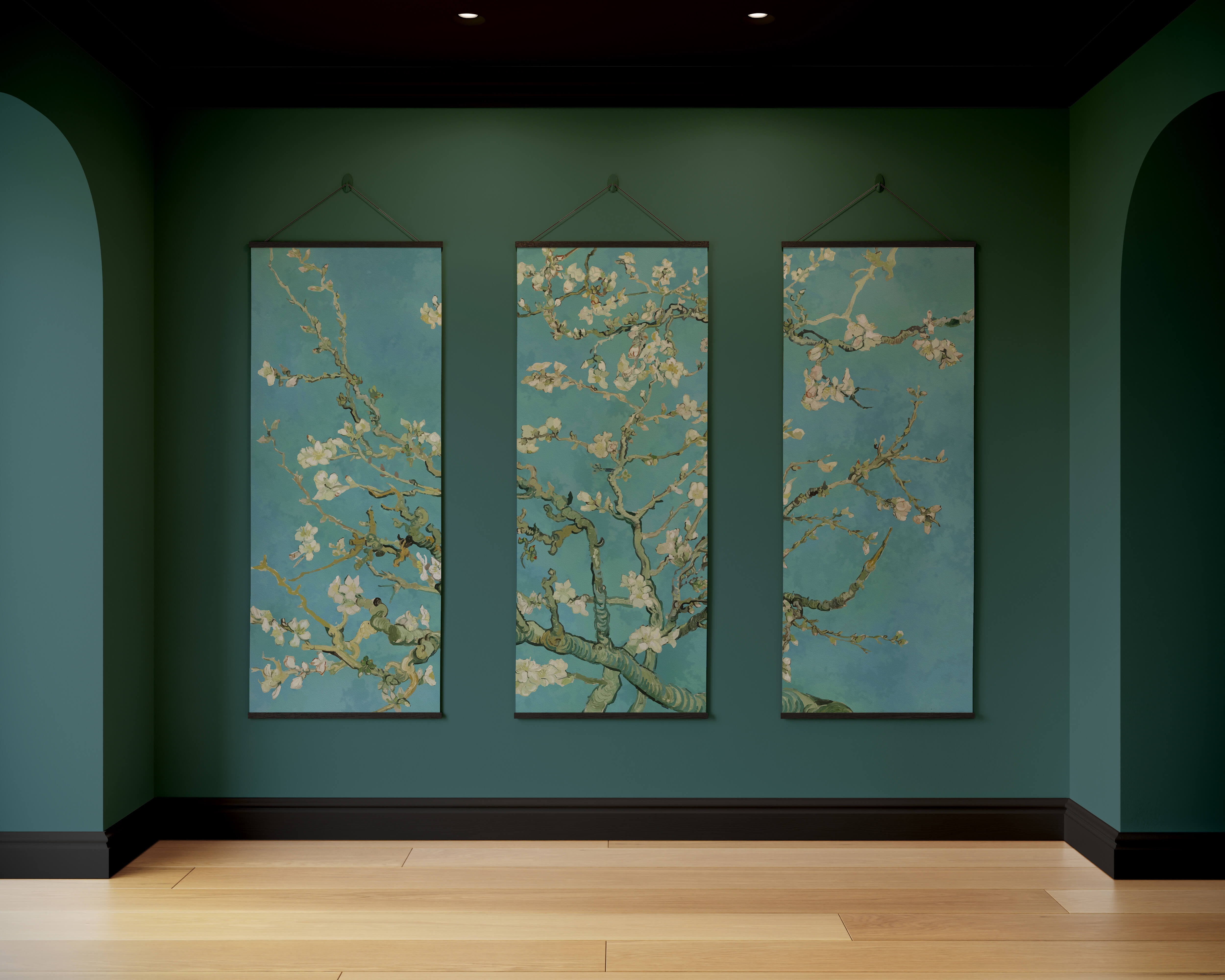 Three vertical panels of van gogh’s almond blossom tapestry featuring white blossoms and teal background