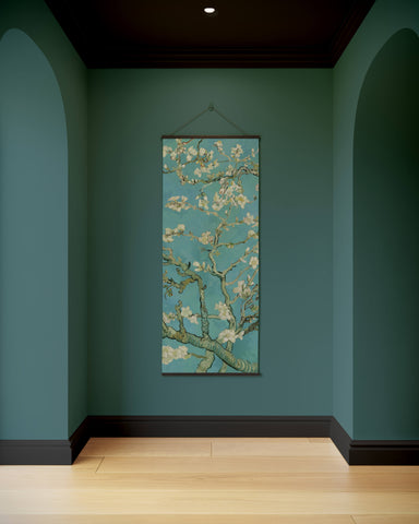 Vertical canvas print of van goghs almond blossom with white and green branches on teal background in dark frame