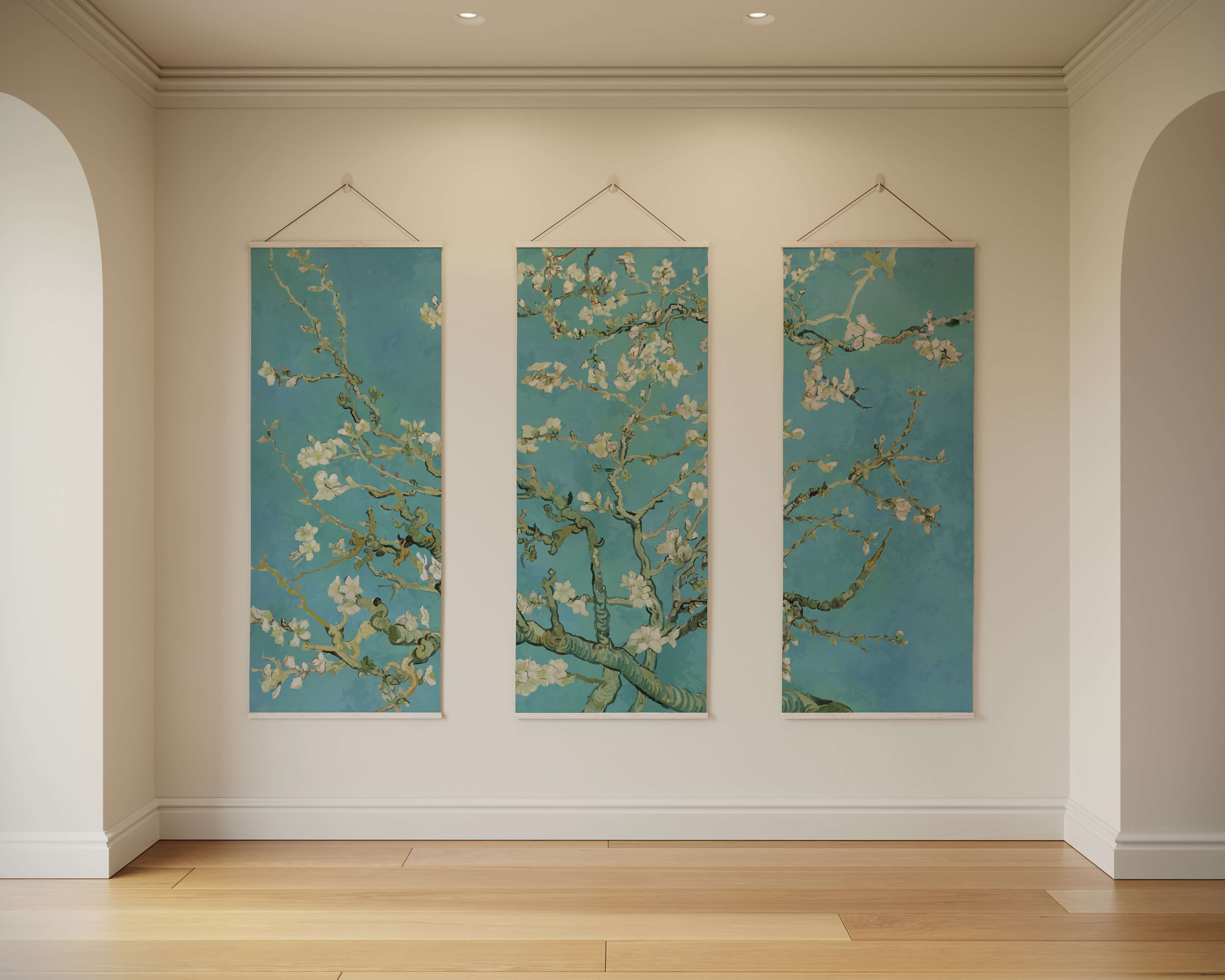 Van gogh almond blossom tapestry with three vertical panels showing white blossoms on dark branches on teal background