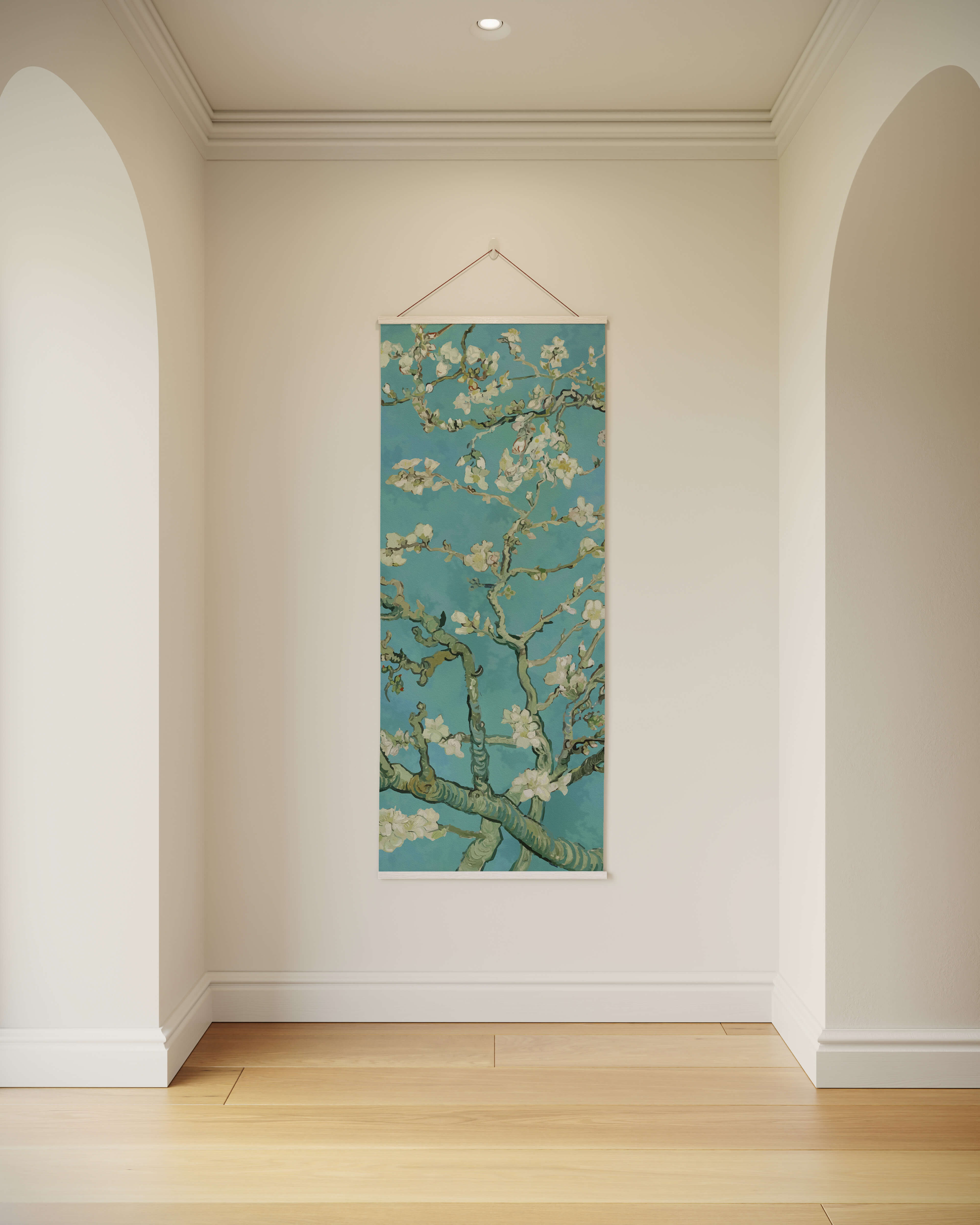 A vertical hanging tapestry featuring van goghs almond blossom with white flowers on a soft teal background