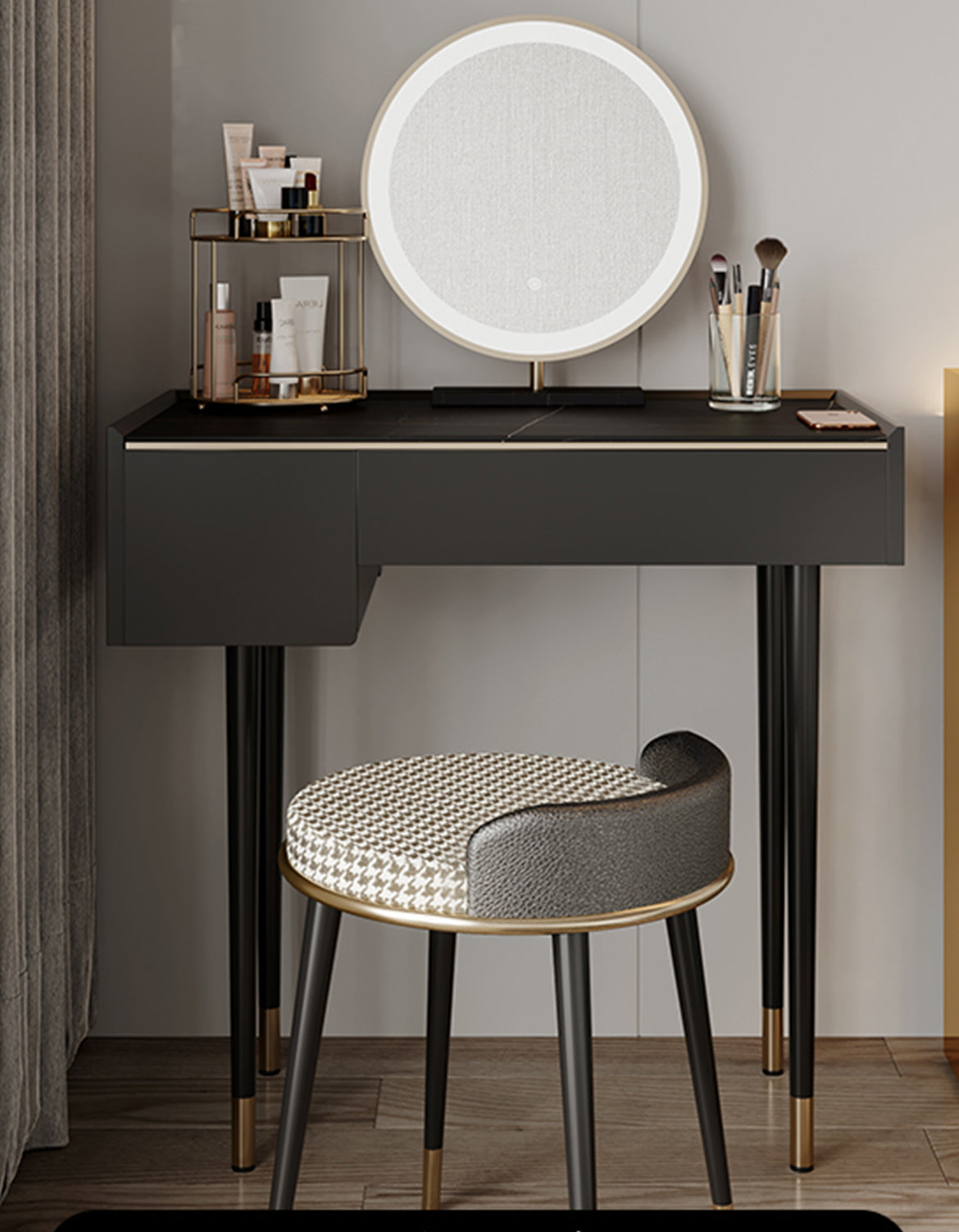 Black vanity dressing table with led round mirror and gold accented legs perfect for vanity dressing clearance