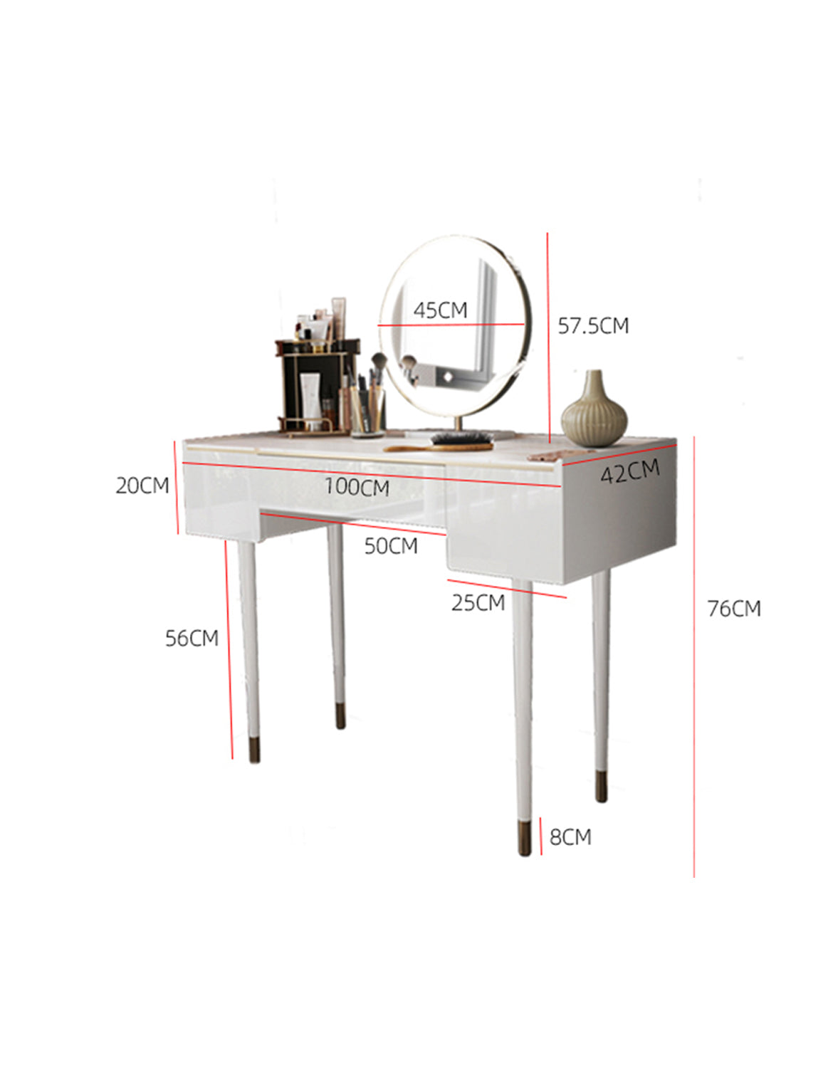 White glossy vanity dressing table with round led mirror and slender legs ideal for stylish dressing table setup