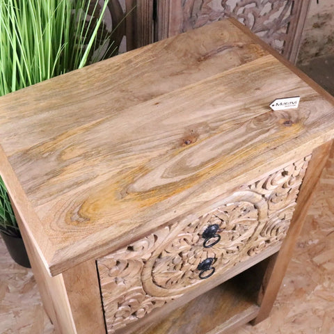 Vansura carved bedside wooden table with intricate floral patterns and black ring handles perfect as bedside table