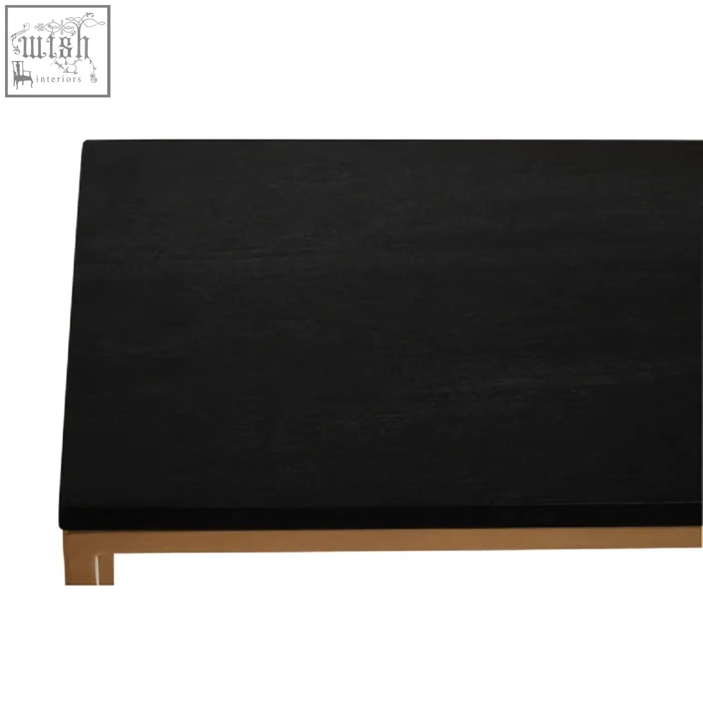 Black wooden shelf with gold iron frame legs as part of varana black marble console table design