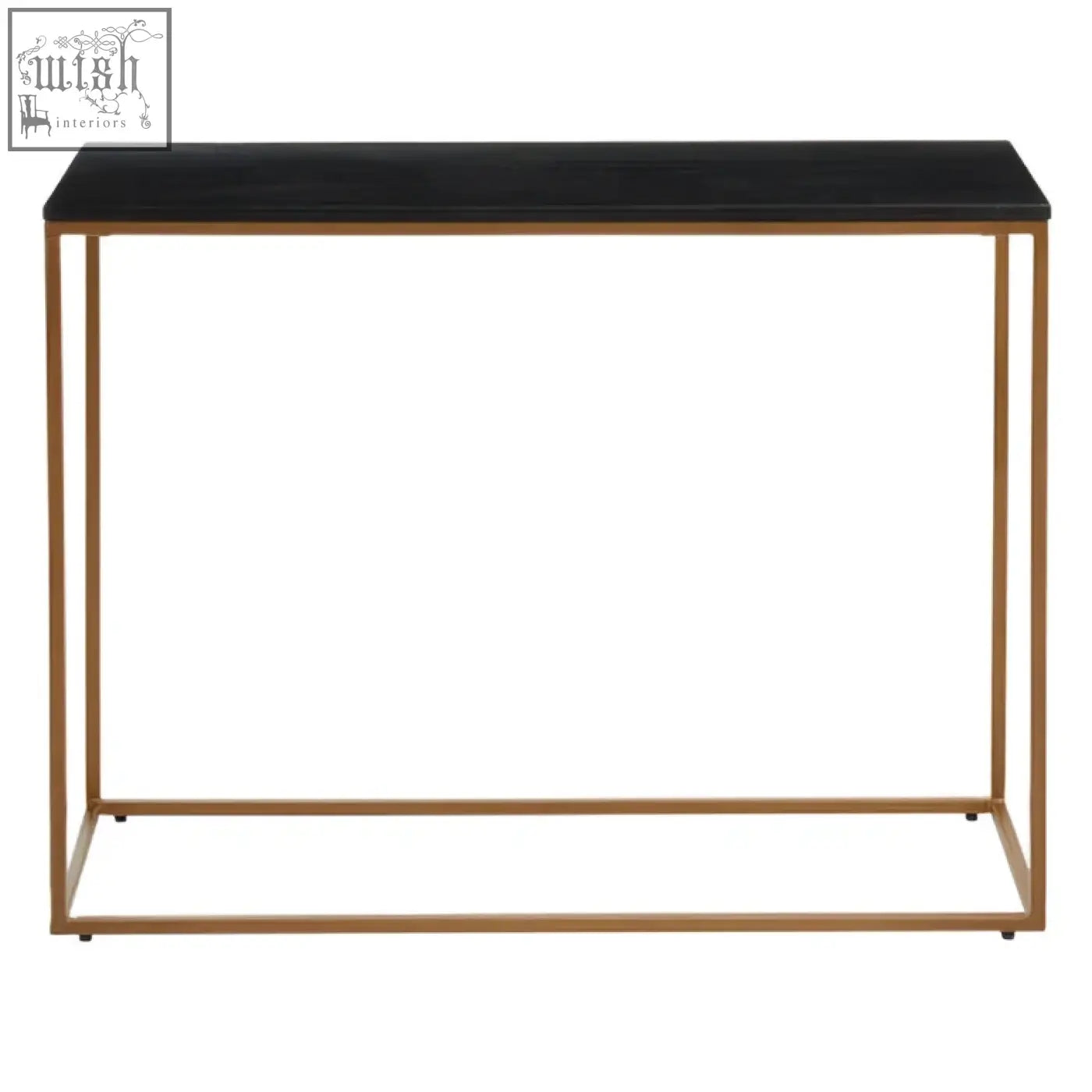 Varana console table with black marble top and sleek gold iron frame perfect for stylish entryways or living rooms