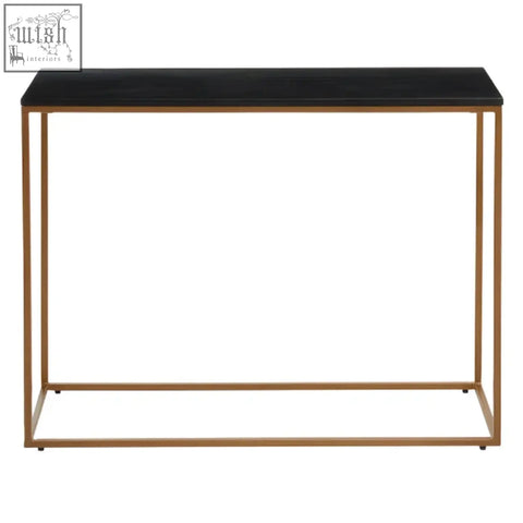 Varana console table with black marble top and sleek gold iron frame perfect for stylish entryways or living rooms