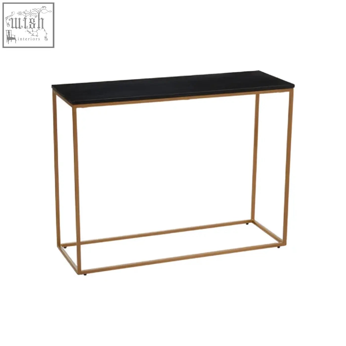 Varana console table with sleek black marble top and slender gold iron frame for modern stylish spaces