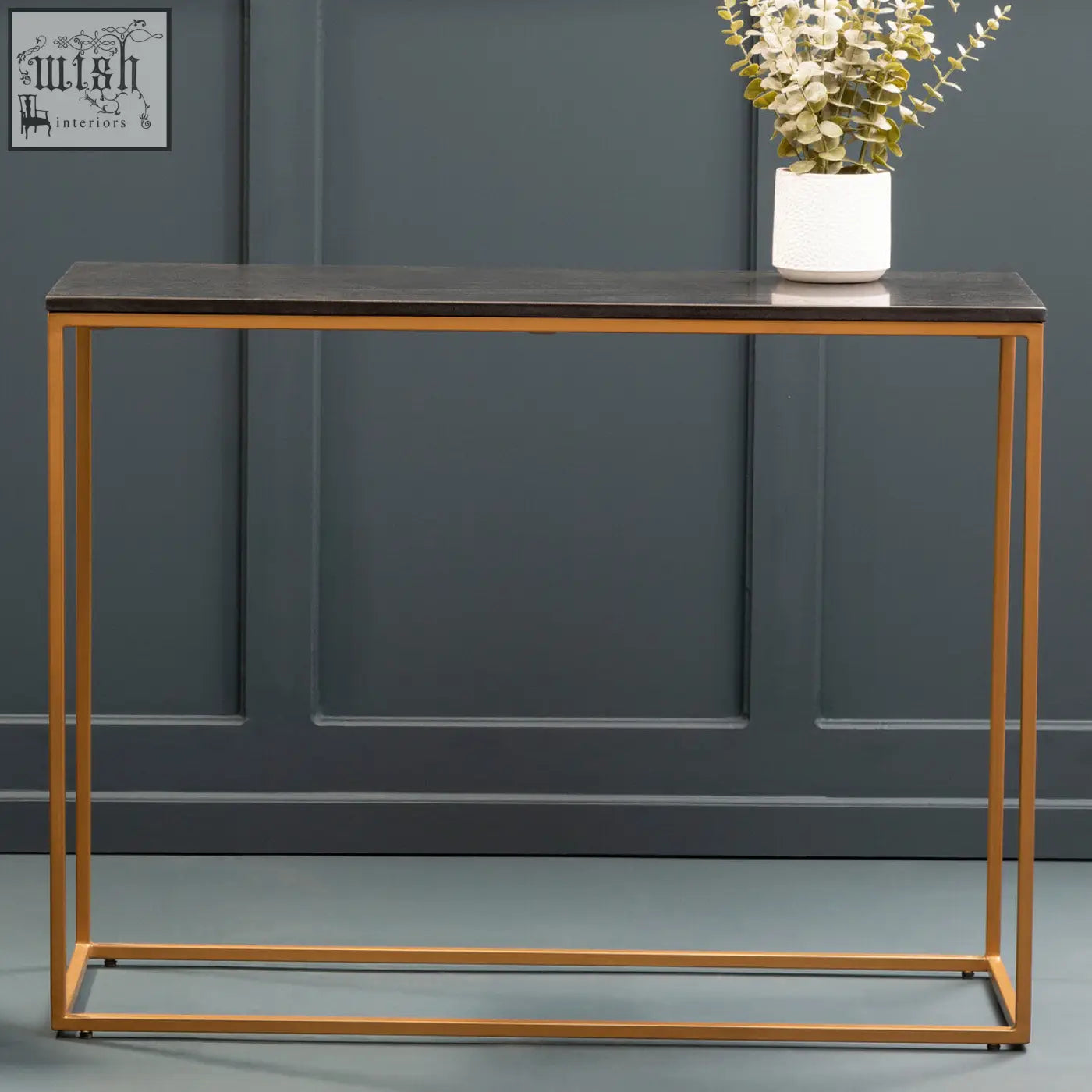 Modern console table with black marble top and gold iron frame perfect for stylish entryways or living rooms