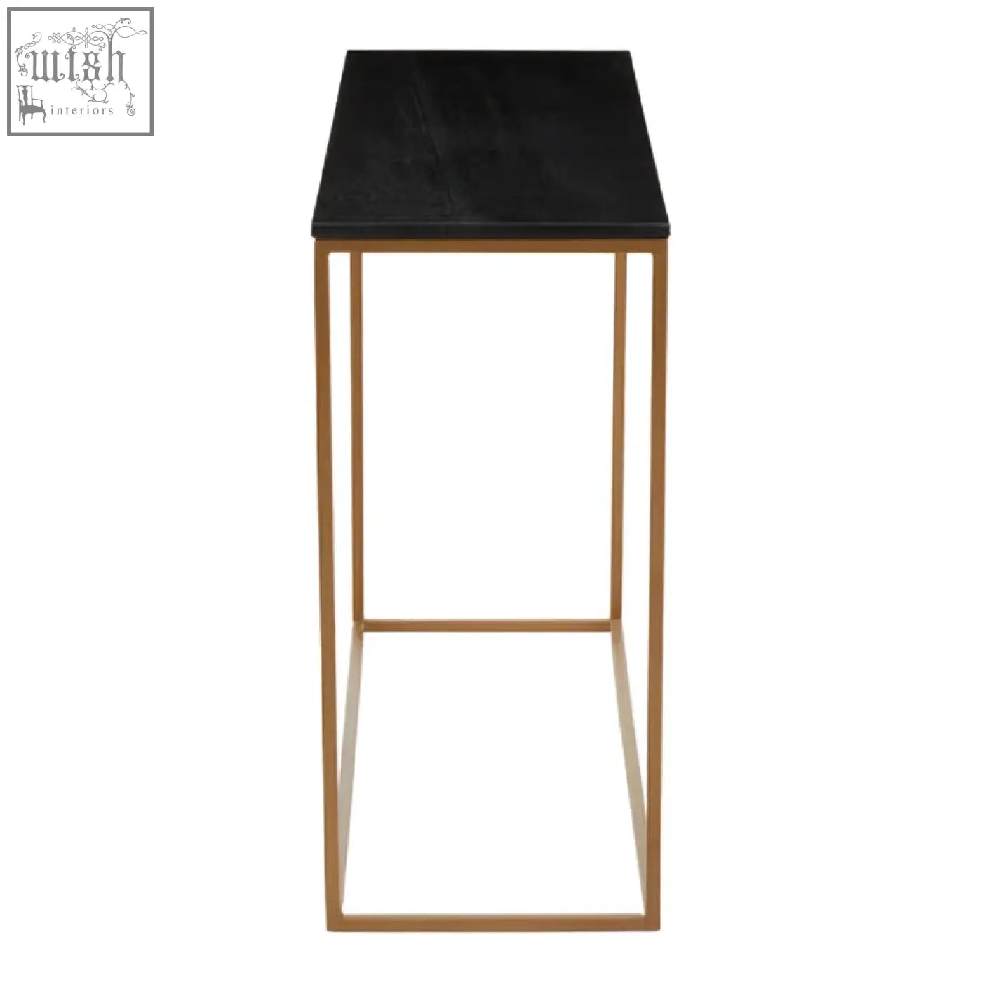 Varana black marble top console table with gold iron frame featuring sleek black marble and shiny gold metal legs