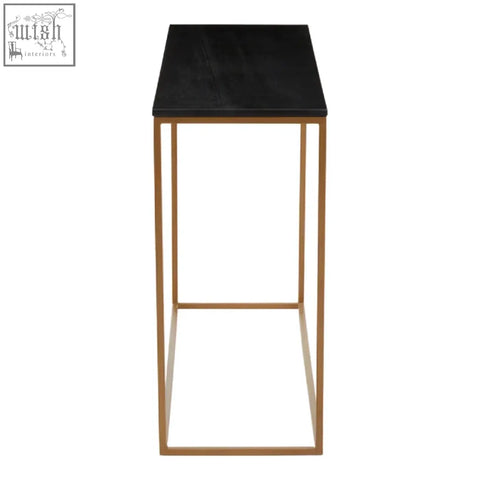 Varana black marble top console table with gold iron frame featuring sleek black marble and shiny gold metal legs