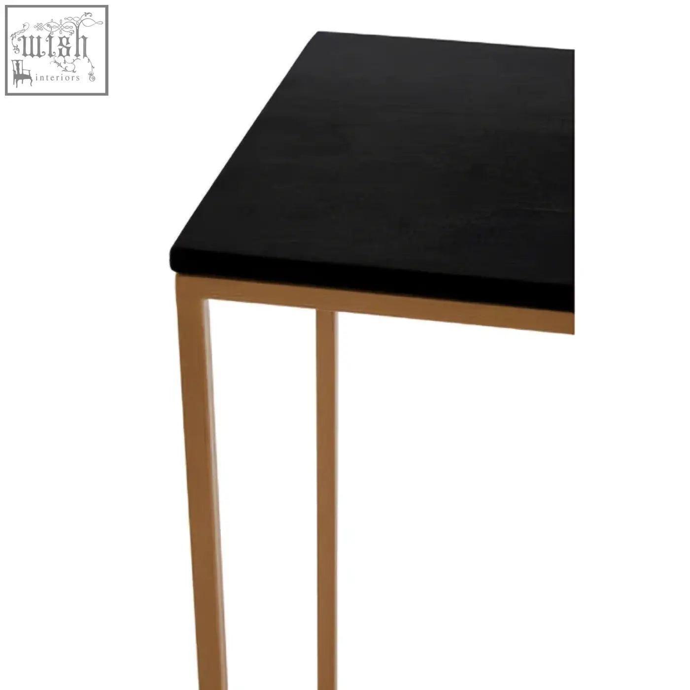 Varana black marble console table with slender gold iron frame legs perfect for stylish entryways or hallways