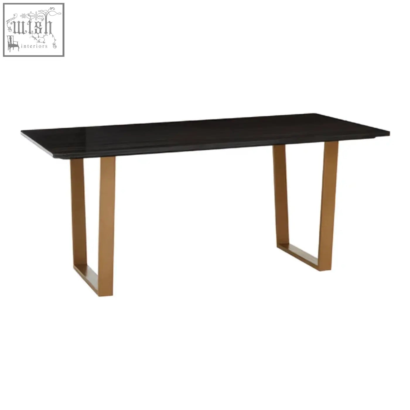 Varana black marble rectangular dining table with glossy black top and gold toned metal legs for stylish dining
