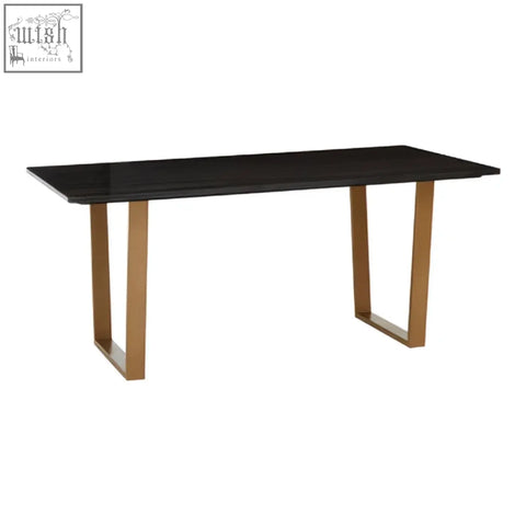 Varana black marble rectangular dining table with glossy black top and gold toned metal legs for stylish dining