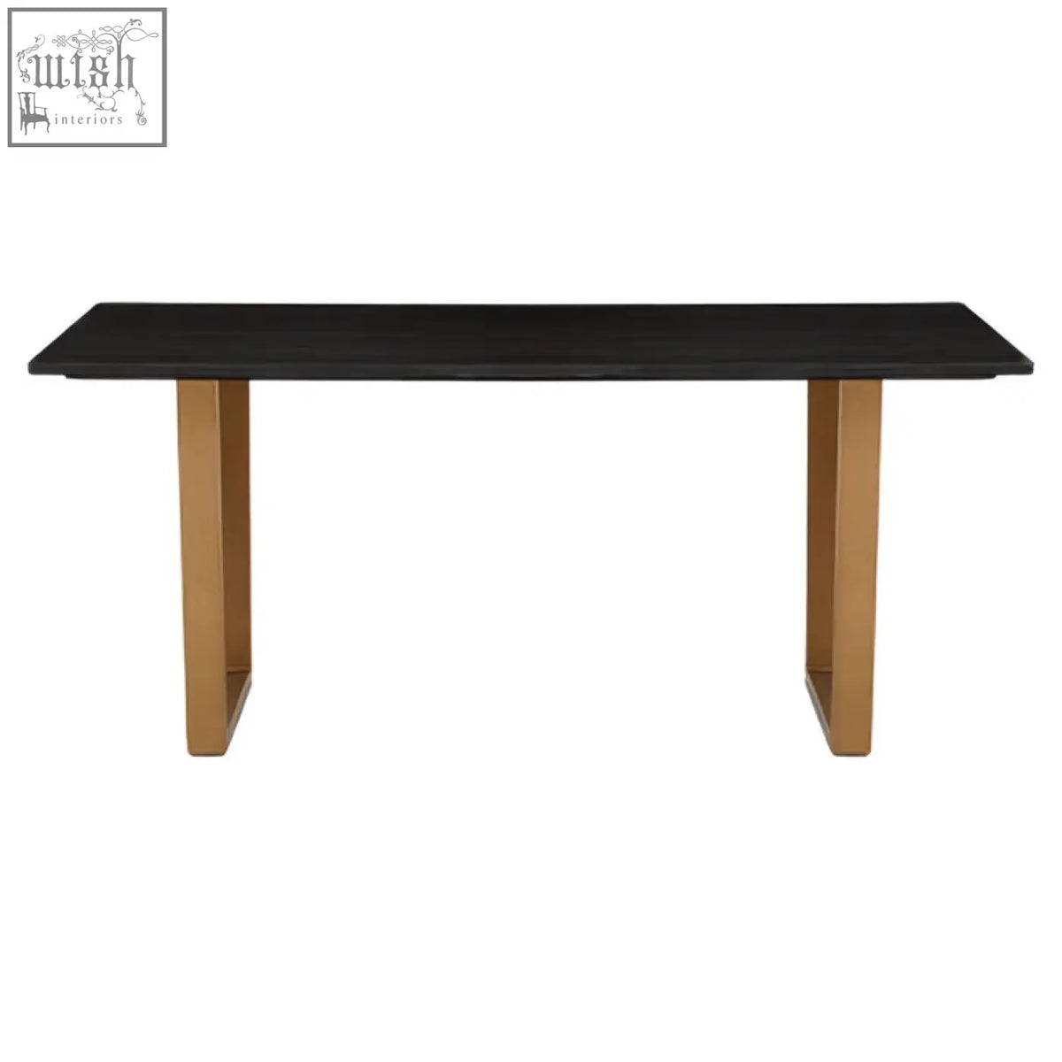 Varana black marble dining table with sleek black marble top and sturdy gold-toned metal legs in a minimalist design