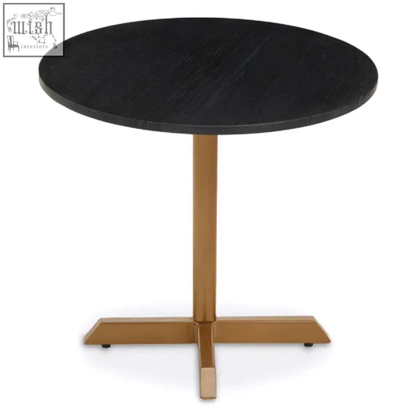 Varana black marble round table with a black matte top and gold-toned metal base perfect for modern spaces