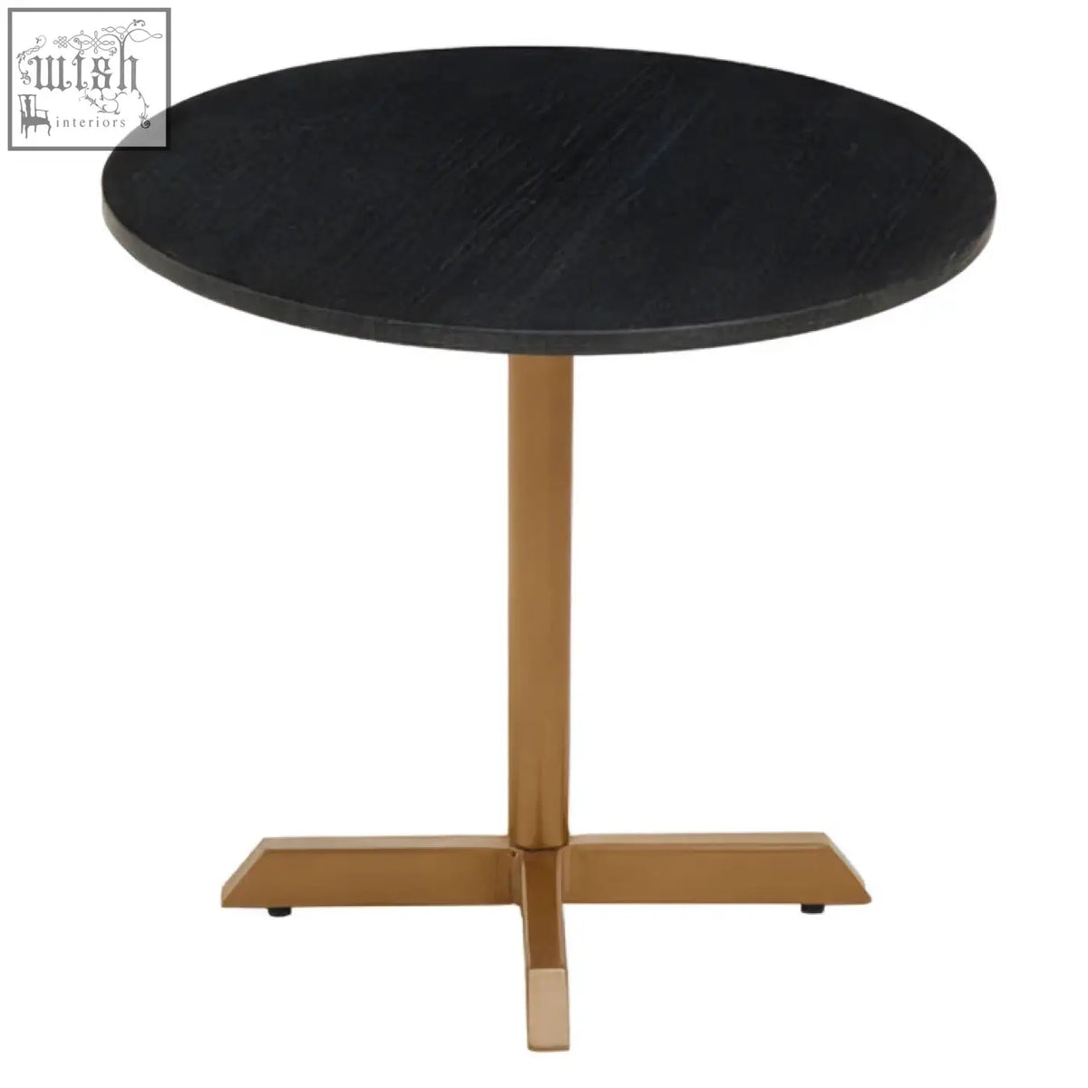 Varana black marble round table with a matte black top and gold-toned cross-shaped base perfect for dining spaces