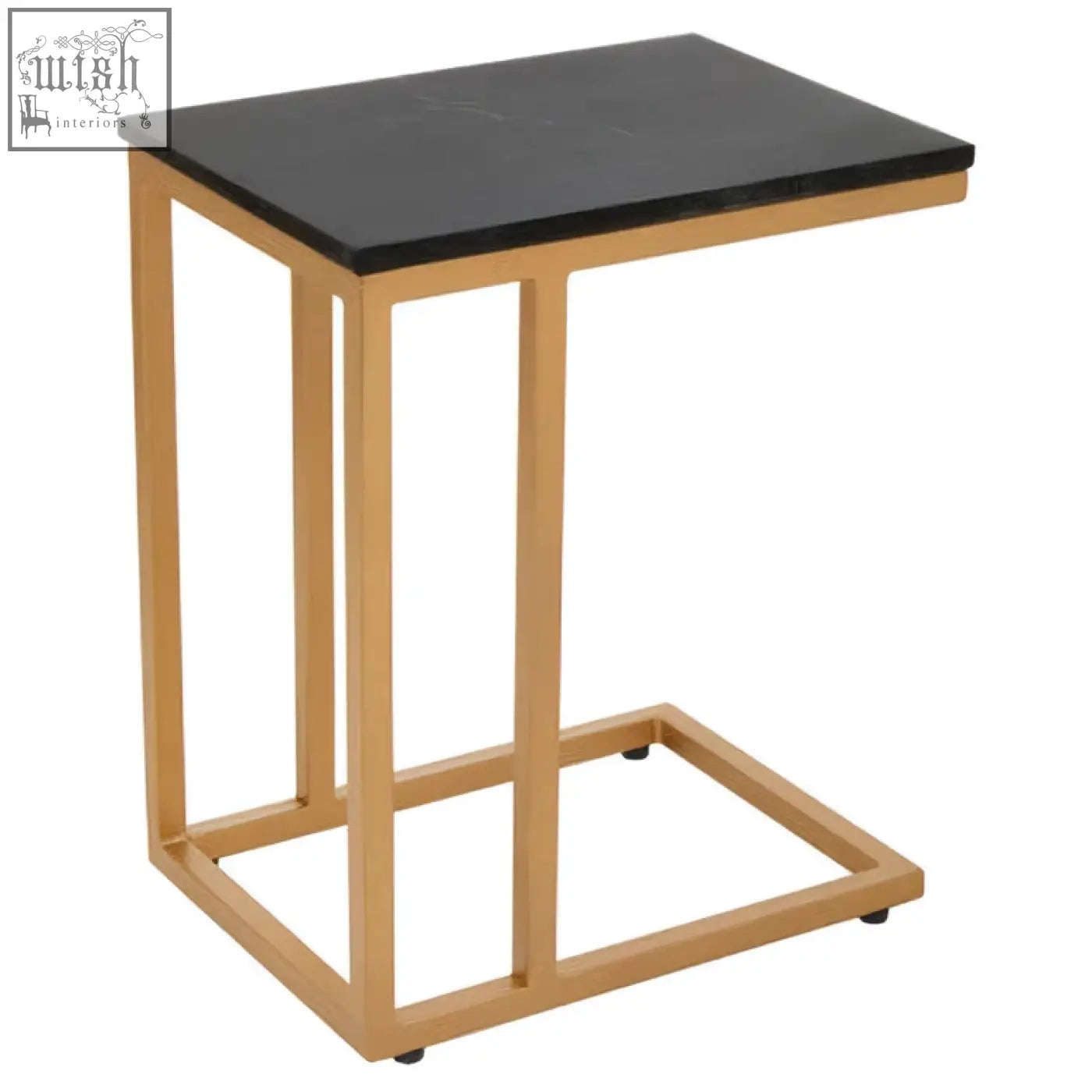 Varana side table with black marble top and gold finish frame featuring a sleek metal design