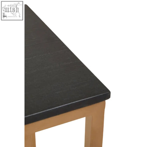 Varana side table with black marble laminate top and gold finish frame featuring light wood legs