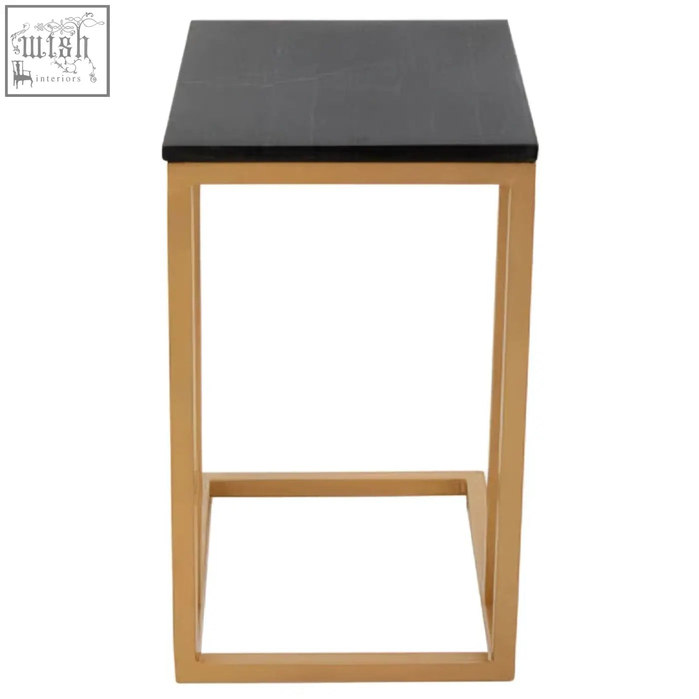 Black square top side table with black marble top and gold finish frame for stylish living room decor